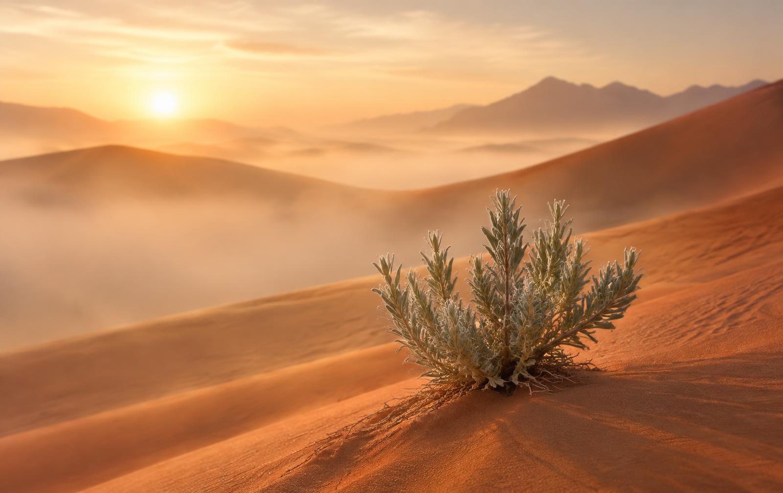 Duna al amanecer con una planta de salvia
